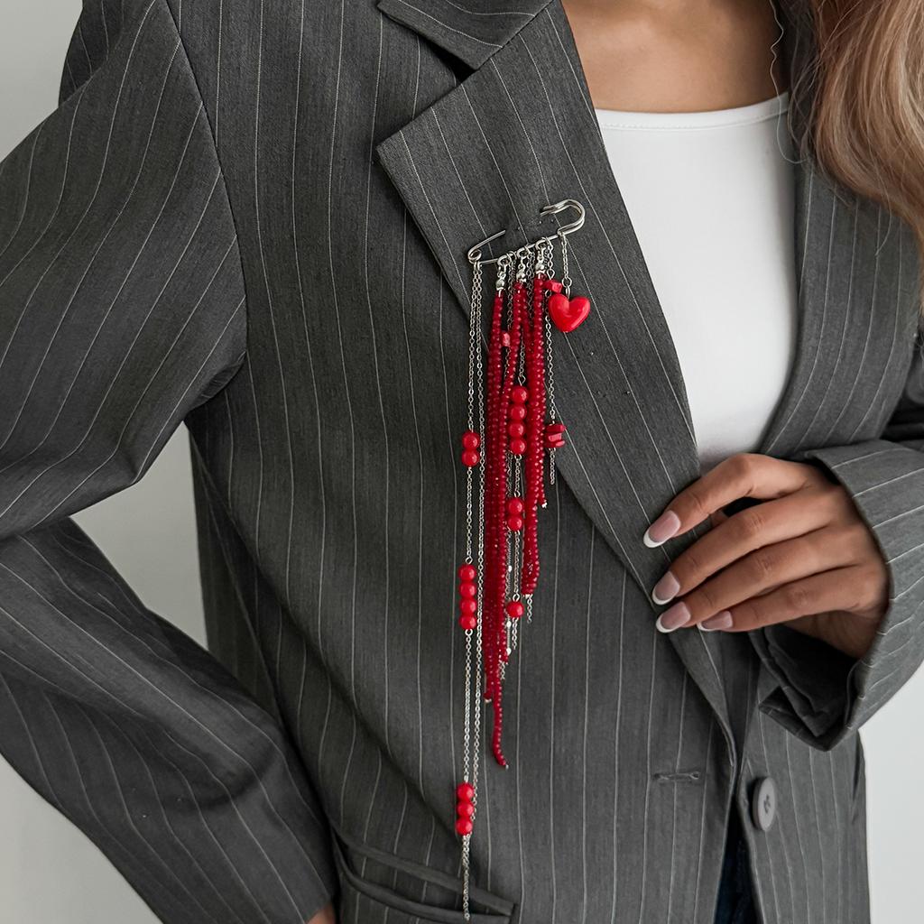 Ingemark Creative Red Crystal Beads Tassels Long Brooches Women Vintage Heart-shaped Pendant Brooch Shirt Suit Pin Accessories