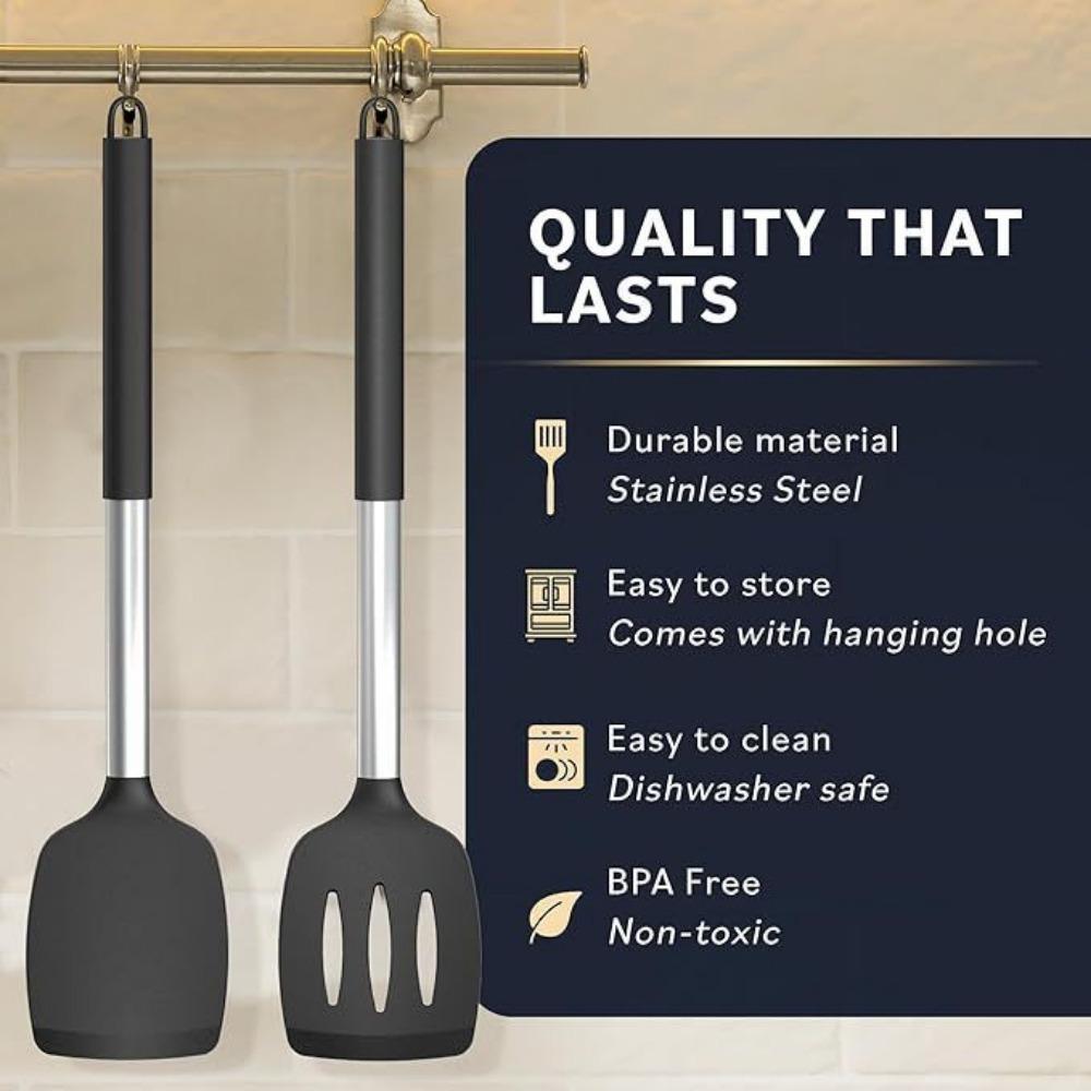 Pack of 2 Silicone Solid Turner, Non Stick Slotted Kitchen Spatulas, High Heat Resistant Cooking Utensils, Ideal Cookware for Fish, Eggs, Pancakes