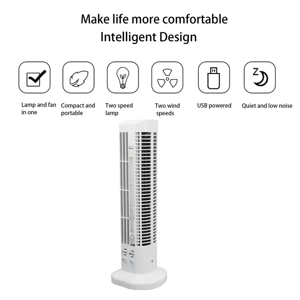 Tower Fan with LED Desk Lamp White Compact Portable Safe Bladeless 2 Speed Desktop Wind Tower Fan for Office Dormitory