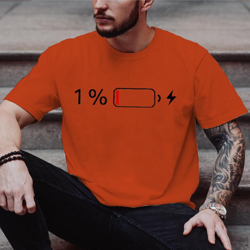 Unisex Crew Neck Low Battery One Percent Print Short Sleeve Cotton Tee Casual Summer Streetwear Loose Basic Daily Outdoor Wear Top