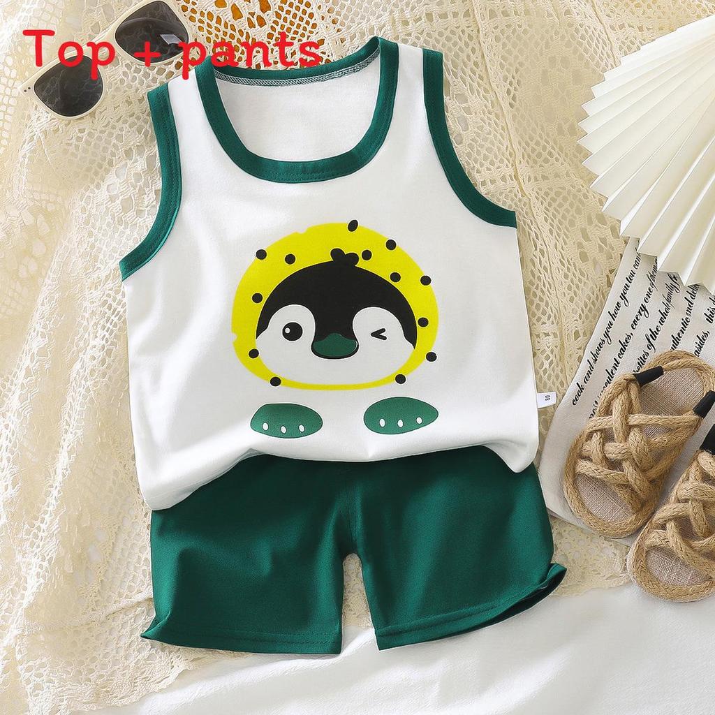 Baby Summer Cotton Sleeveless Shorts Set With Cartoon Prints For Toddler Boys And Girls