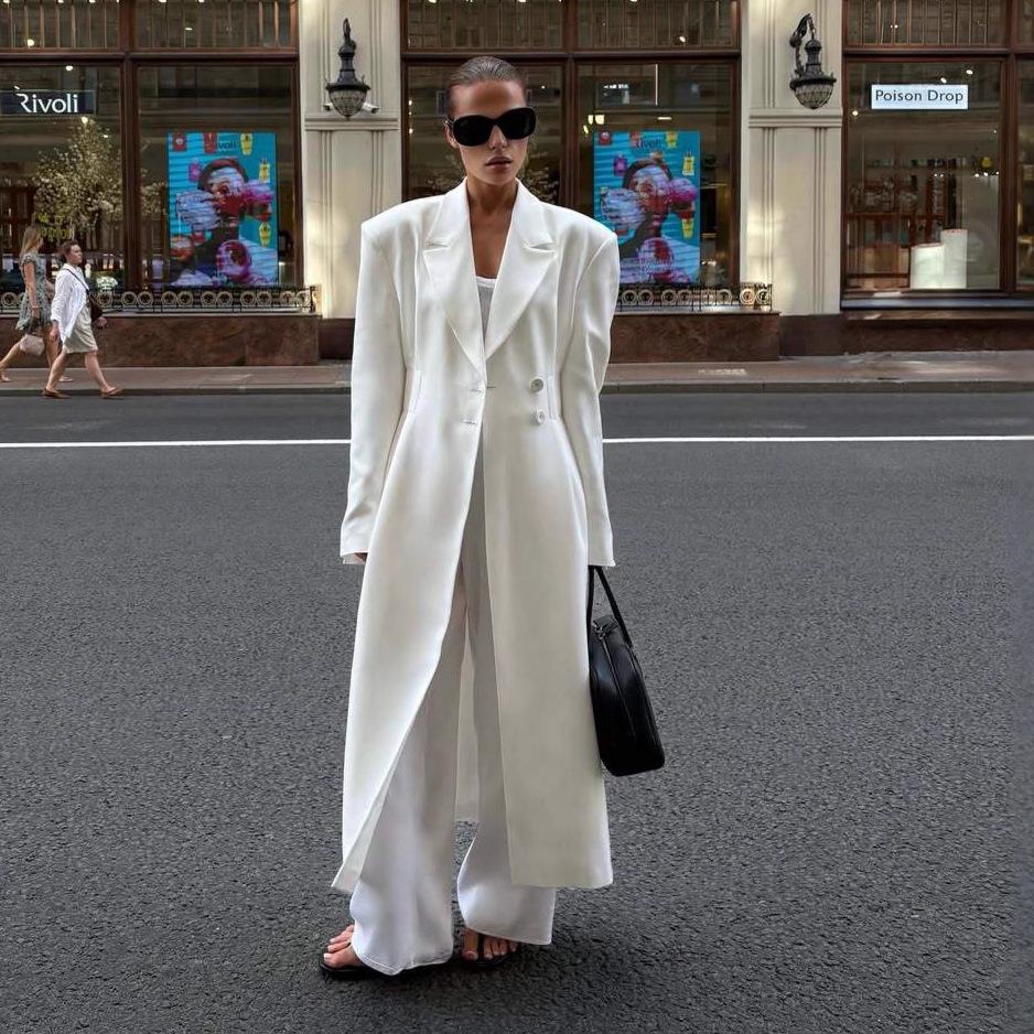 2025 Summer New Cross-border European and American Casual Workplace Elegant Long Trench Coat with Buttons, Elegant Goddess Long Sleeve and Long Pants
