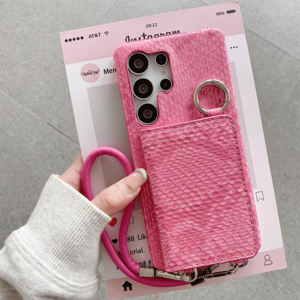 For Samsung Galaxy S24 Ultra Case Card Holder Mirror Snake Texture PU+PC Back Cover with Lanyard