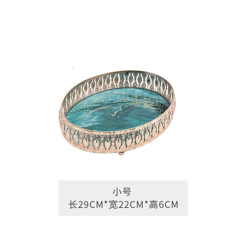 Luxury Round Decorative Trays Teal Marble Glass with Rose Gold Ornate Frame for Vanity & Coffee Table Storage Trays Home