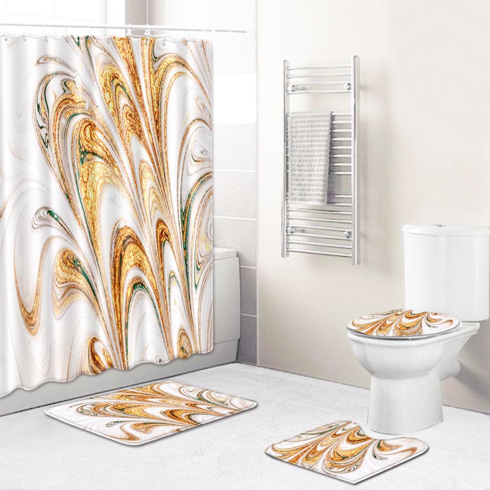 Marble Texture Printing Bathroom Non-Slip Floor Mat Shower Curtain Combination Carpet European And American Style