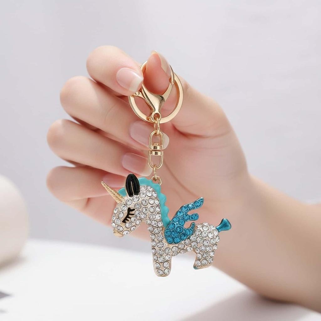 PYNASA Rhinestone Unicorn Keychain for Women, Cute Unicorn Animal Key Holder Accessory, Gift for Car, Backpack, Bag, Tag, Charm, Blue