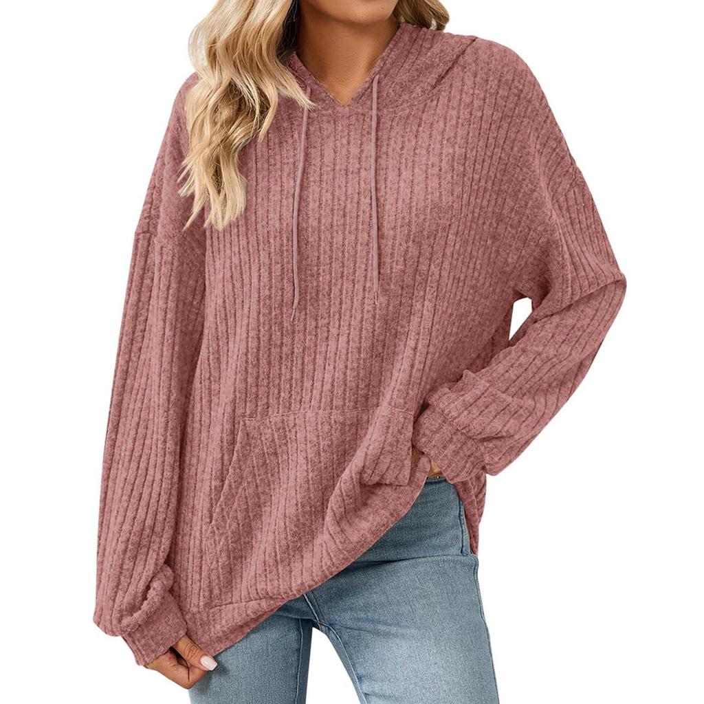 Women's Fashionable Loose Long Sleeved Hooded Drawstring Pocket Hoodie Solid Color Top