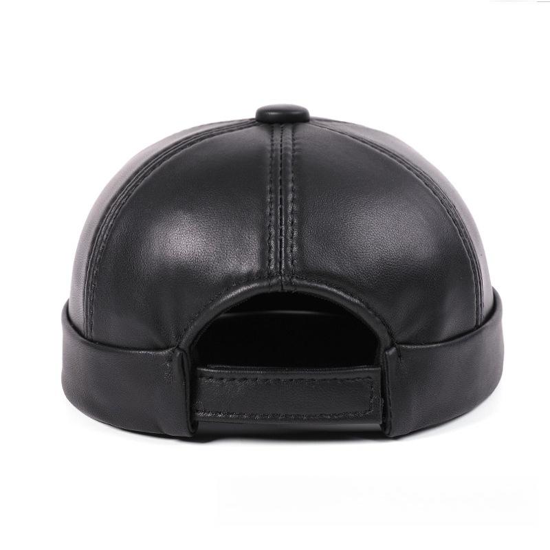 Men's Genuine Goatskin Leather Docker Cap Vintage Brimless Hat Retro Roll Up Cuff Sailor Miki Hat Skullcap