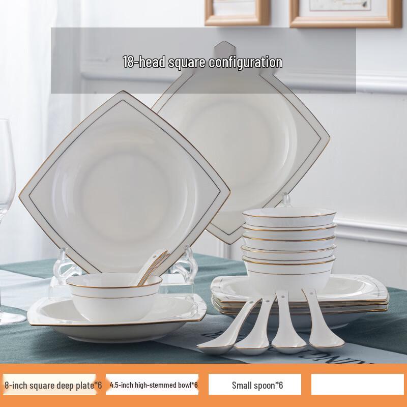 Jingdezhen Ceramic 18-Piece Gold-Rimmed Square Tableware Set