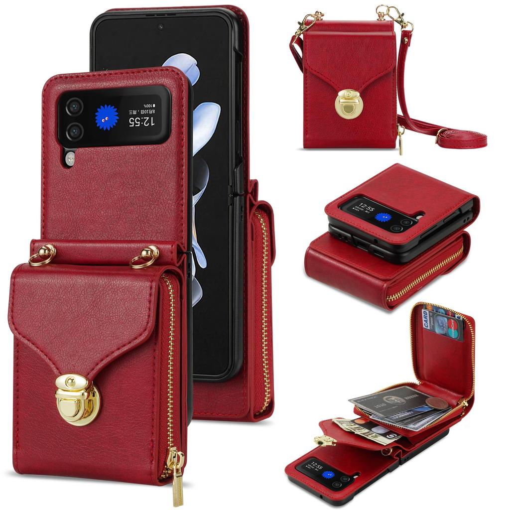 Crossbody Leather Wallet Case For Samsung Galaxy Z Flip 5 4 3 Flip4 Flip3 5G Long Lanyard Zipper Card Holder Purse Bag Cover Funda