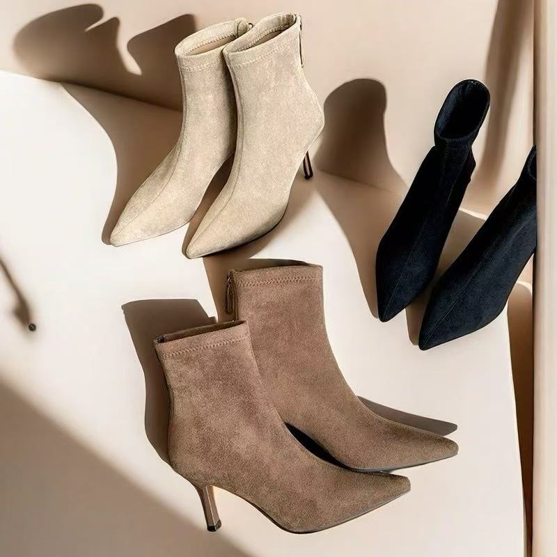 2025 New High Quality Pointed Toe Women Ankle Boots Fashion Zipper Thin Heels Shoes Autumn Winter Chelsea Short Booties