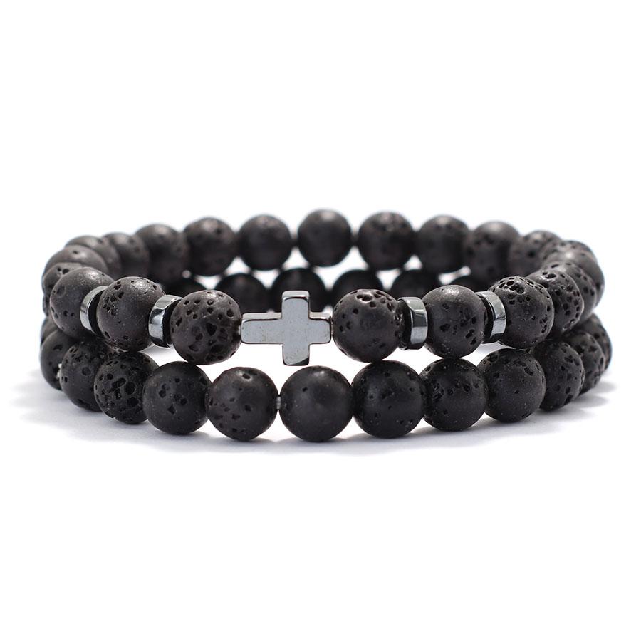 Simple Men Bracelet 2Pcs 6mm Natural Stone Meditation Yoga Brass Braclet Cross Hematite Lava Stone Faux Wooden Bead Strings