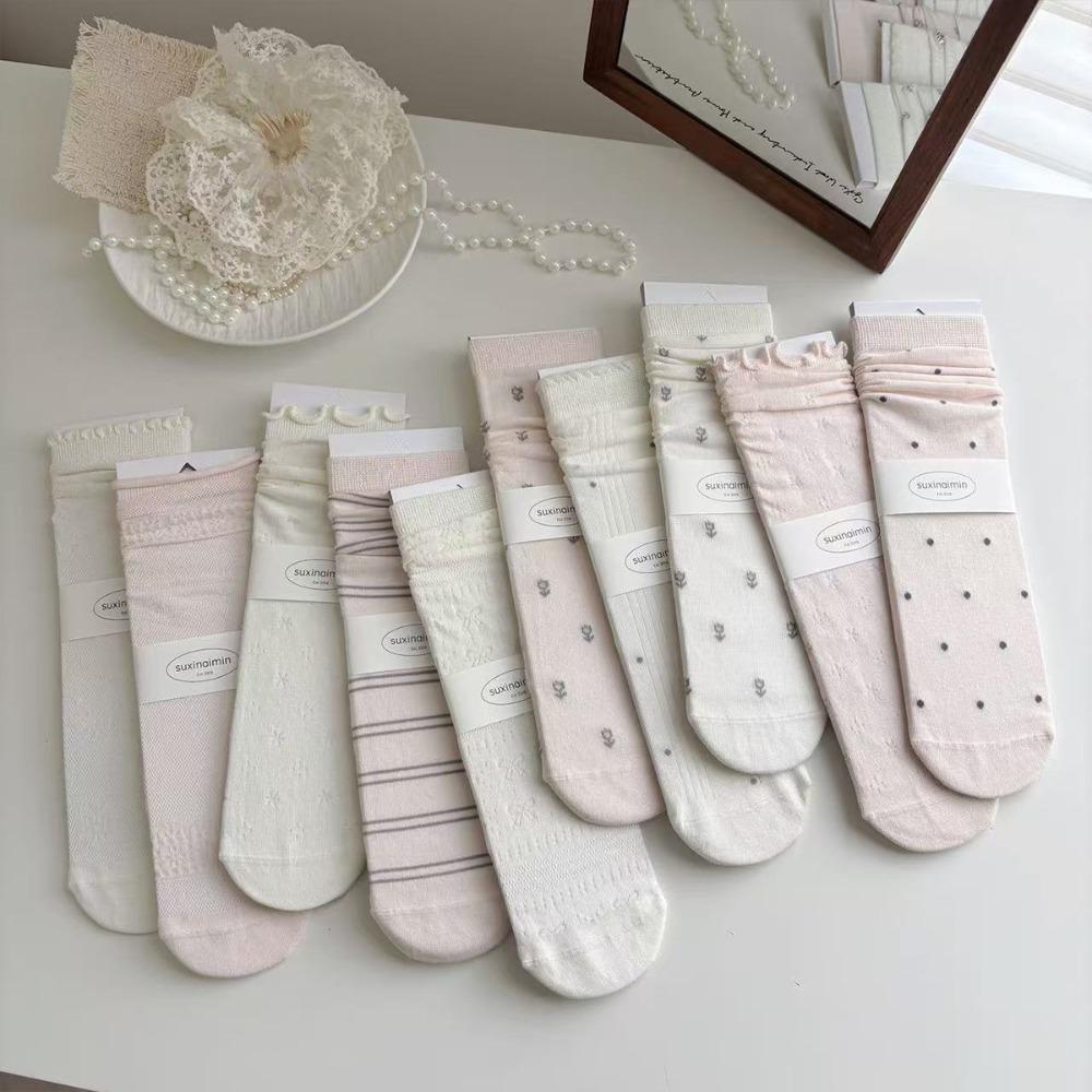 Pink Socks Women Spring and Summer Hollow Thin Breathable Women Socks Ballet Style Floral Print Polka Dot Medium Tube Socks Gift