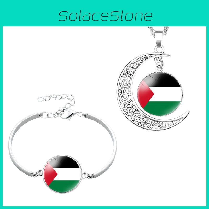 Palestinian Flag Design Time Gem Moon Pendant Necklace Unique Neck Chain
