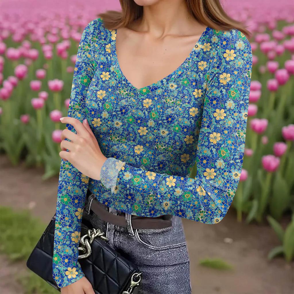 Women's Winter Slim-Fit Base Layer T-Shirt Fashionable Print V-Neck Pullover Long-Sleeved Top