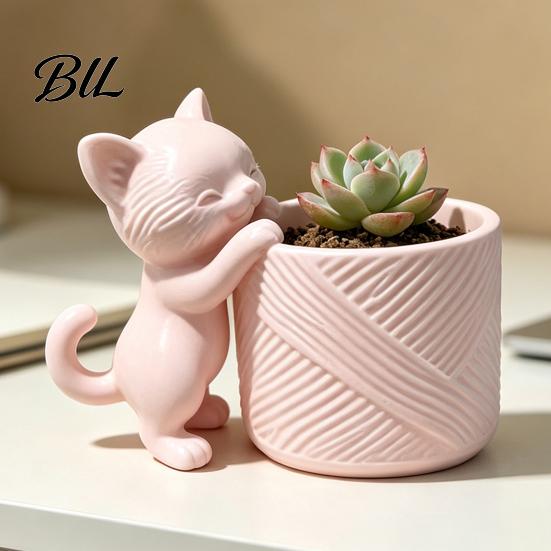 Cute Kitty Flower Pot 3D Printed Cat Planter, Pot, Decorative Mini Animal Plant for Succulents Cacti, Home Office Desk Decor Compact Indoor