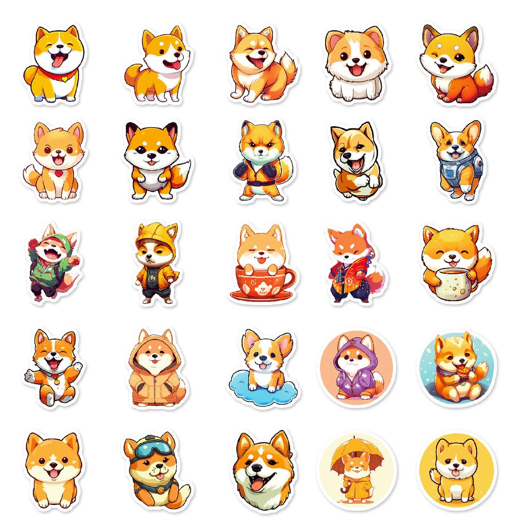 50Pcs Cute Shiba Inu Stickers – Waterproof Reusable Dog Decals for Luggage, Laptop, Phone