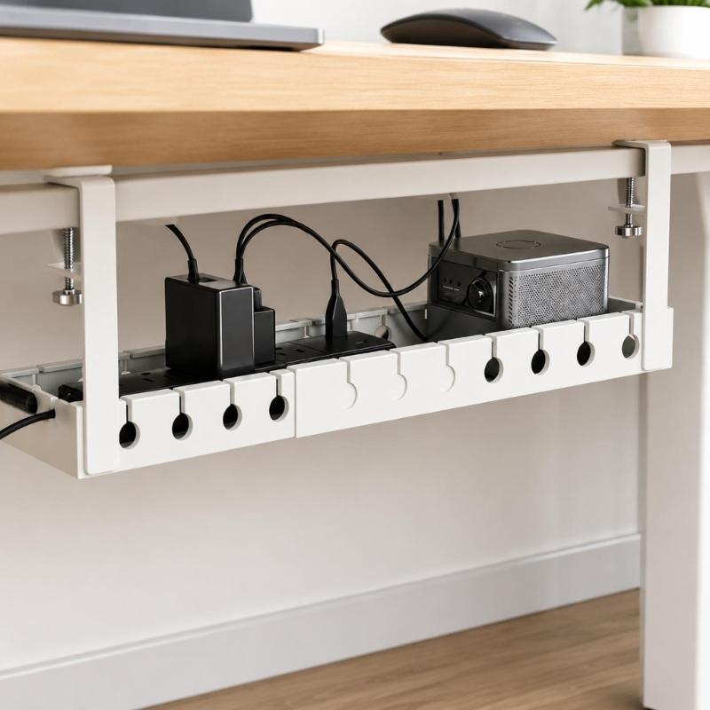 Under-Desk Cable Management Tray in Carbon Steel with Two Edge Clamps and Open Access, Extendable Power Strips Cord Holder for Stored Power