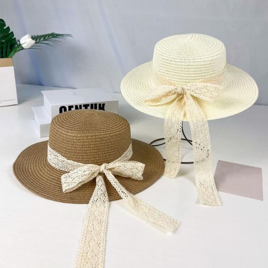 Sun Hat Lace Bow Decor Flat Top Wide Brim Straw Hat Hand-Woven Sunproof Windproof Summer Beach Picnic Basin Hat