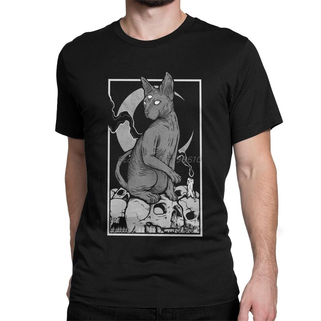 Occult Cat T Shirts Men's Cotton Humor T-Shirts Canadian Hairless Sphynx Kitten Animal Pet Cute Tee Shirt Short Sleeve Gift