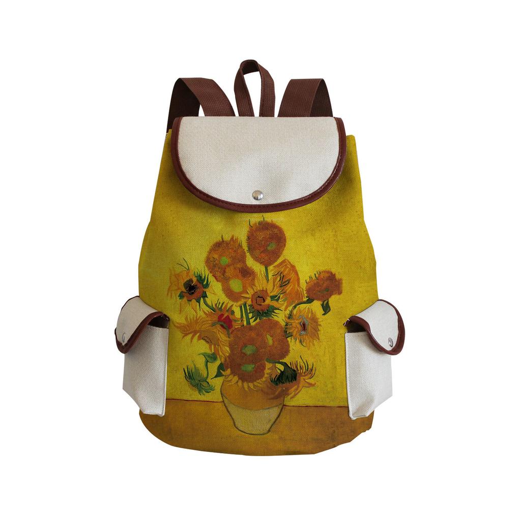 Wind Creative Van Gogh Oil Painting Print Backpack, Large-Capacity Student Schoolbag, Portable Travel Backpack