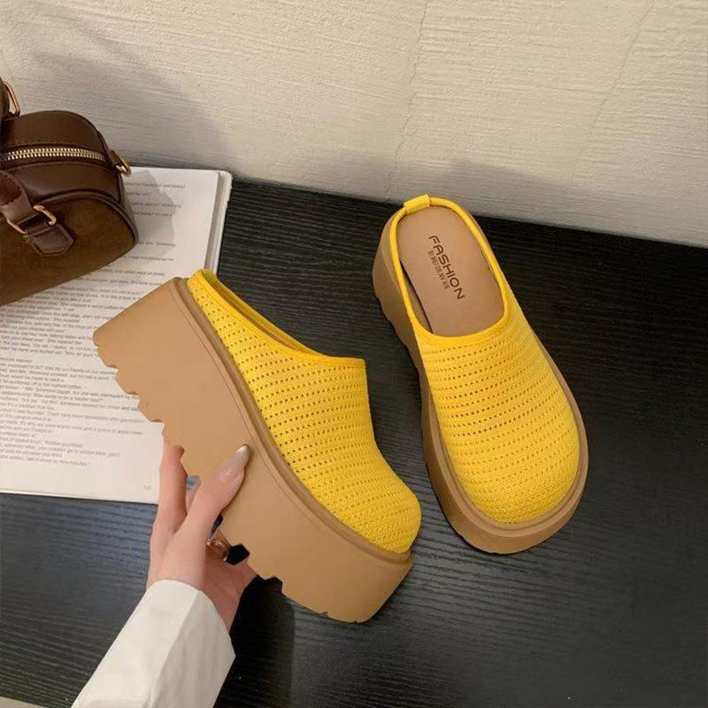 Thick-soled high-heeled mesh bag head half slippers, women's summer wear new one-pedal single shoes, cool slippers