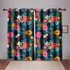 Blue Pink Floral Curtains Plant Flowers Leaves Black Background Curtains 2 Panel Living Room Bedroom Kitchen Dining Room Decor