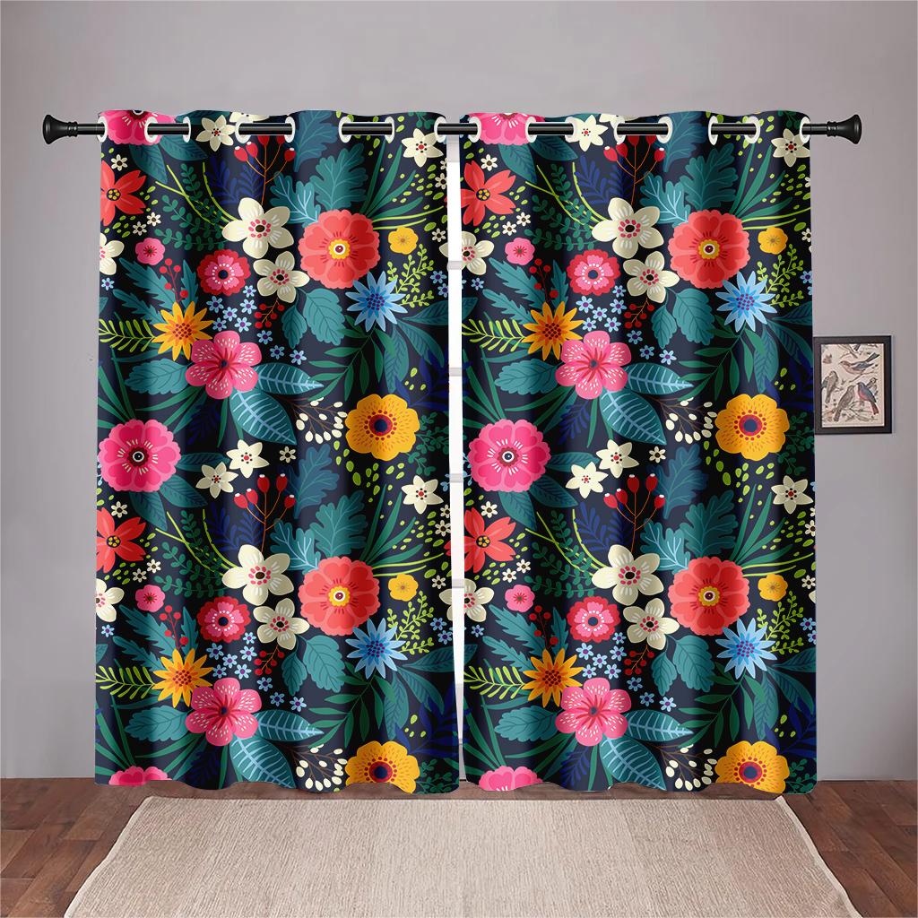 Blue Pink Floral Curtains Plant Flowers Leaves Black Background Curtains 2 Panel Living Room Bedroom Kitchen Dining Room Decor