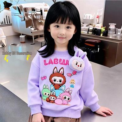Girls' 3D Cartoon Plush Sweatshirt - Fleece-Lined, Trendy Autumn/Winter Style for Medium/Large Children