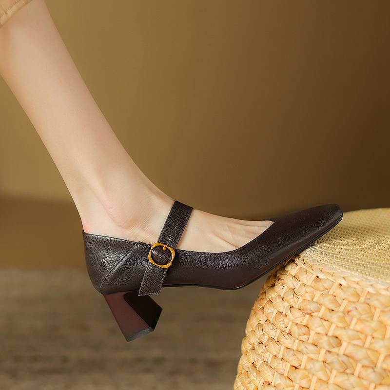 Krazing Pot Sheep Skin Square Toe Chunky High Heels Spring Summer Mary Janes Shoes Vintage Plus Size 42 Women Pumps