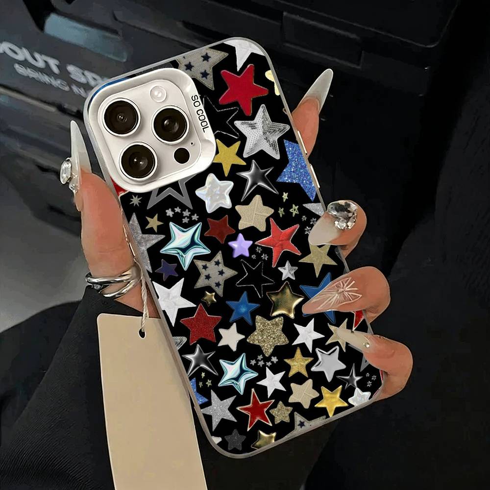 

C-Colorful Star Phone Case For iPhone 11 12 13 14 15 16Pro Max Plus white Sliver Phone Cover iPhone12ProMax