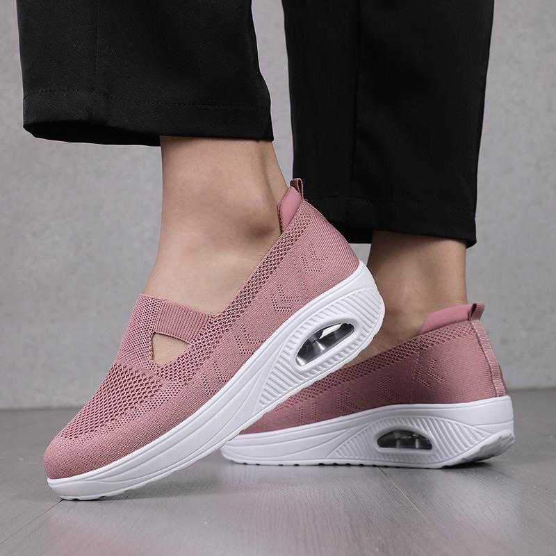 New Spring and Summer Fly-woven Mesh Breathable Casual Women's Shoes Slope Heel Platform Air Cushion Shoes Large Size Women's Shoes Single Shoes