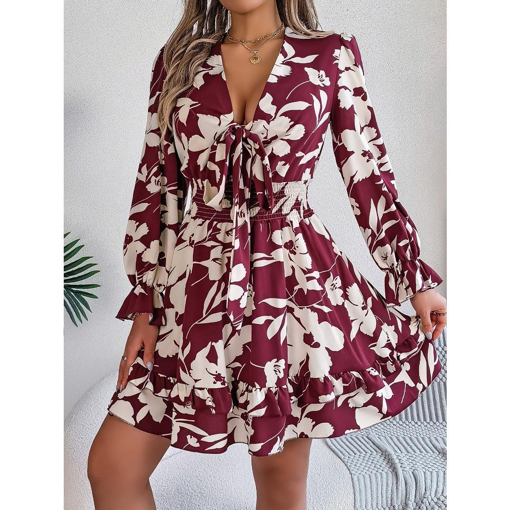 Women's Casual Floral Long Sleeve Wooden Earring A-line Dress Sexy Women's Floral Dresses