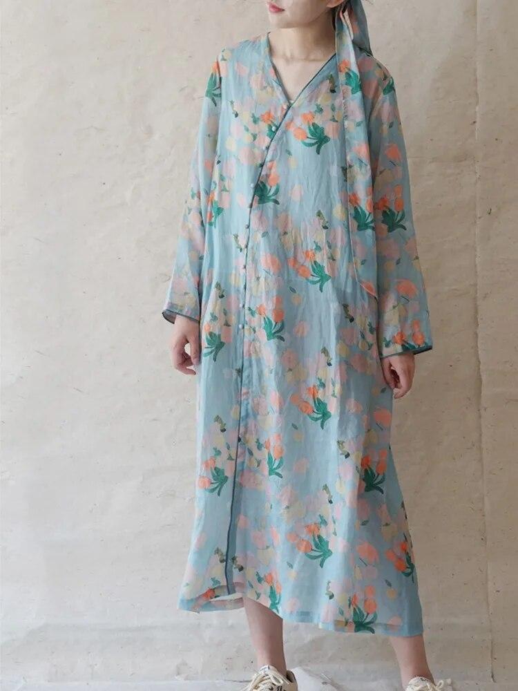 Johnature Women Vintage Print Floral Bandage Dresses V-Neck Long Sleeve High Quality Robes Spring Button Dress