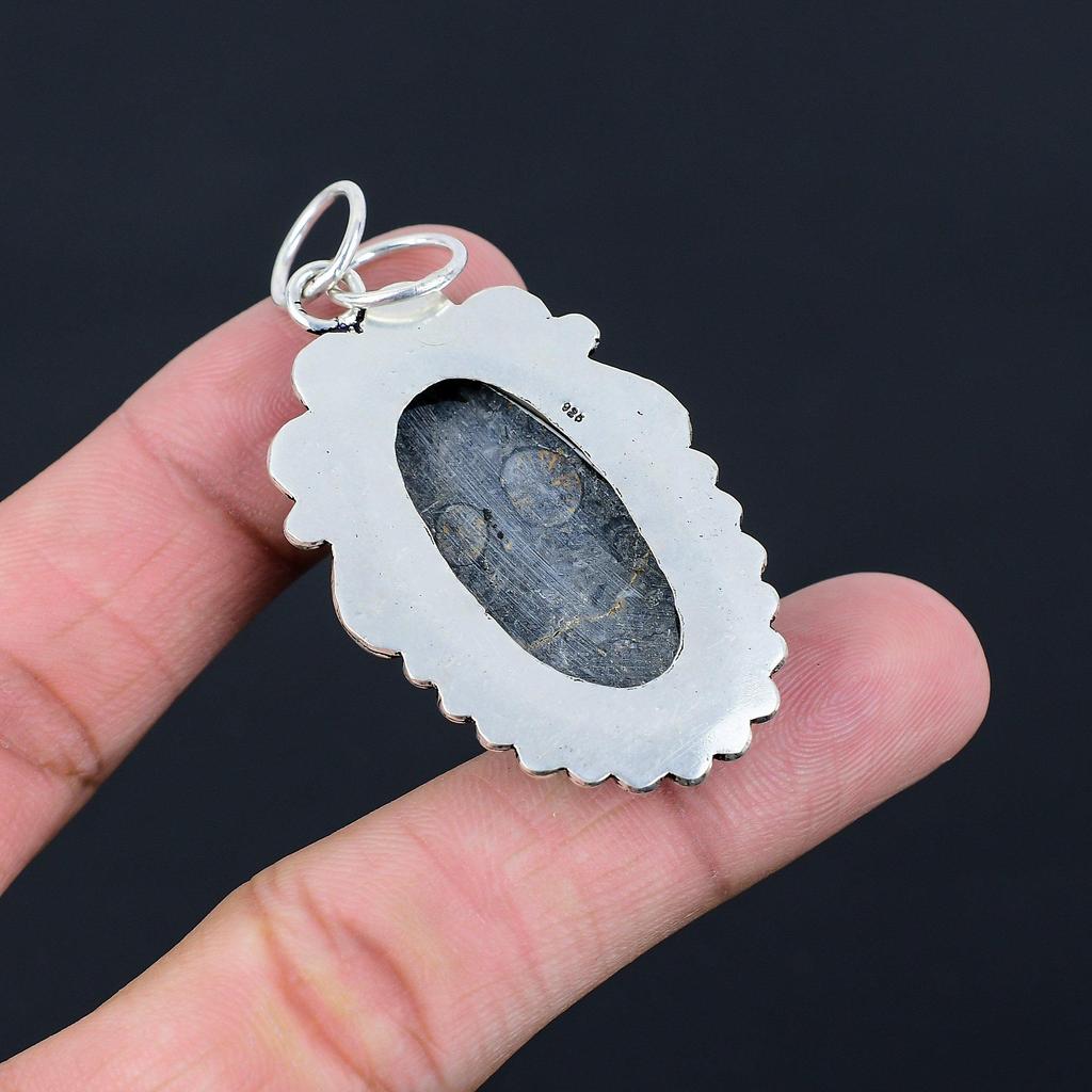Sterling Silver Oval Natural Black Fossil Coral Birthday Wedding Pendant Jewelry