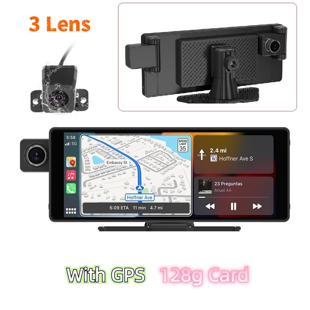 3-lens Dashcam, 10.26" HD Wireless CarPlay Car Navigation GPS.
