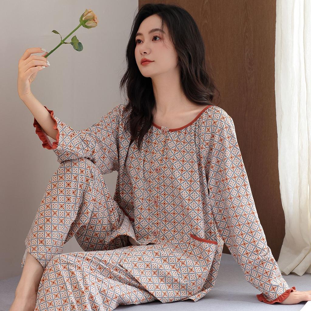 Sweet princess style soft cotton pajamas women's spring and autumn new pullover small floral mother long sleeve loose loungewear