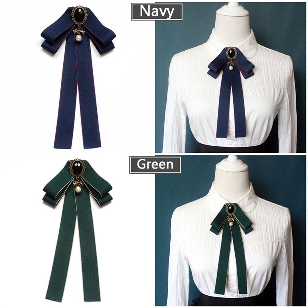 Girls Gorgeous Costume Pearl Tassel Ribbon Bow Tie Collar Pin Cravat Brooch