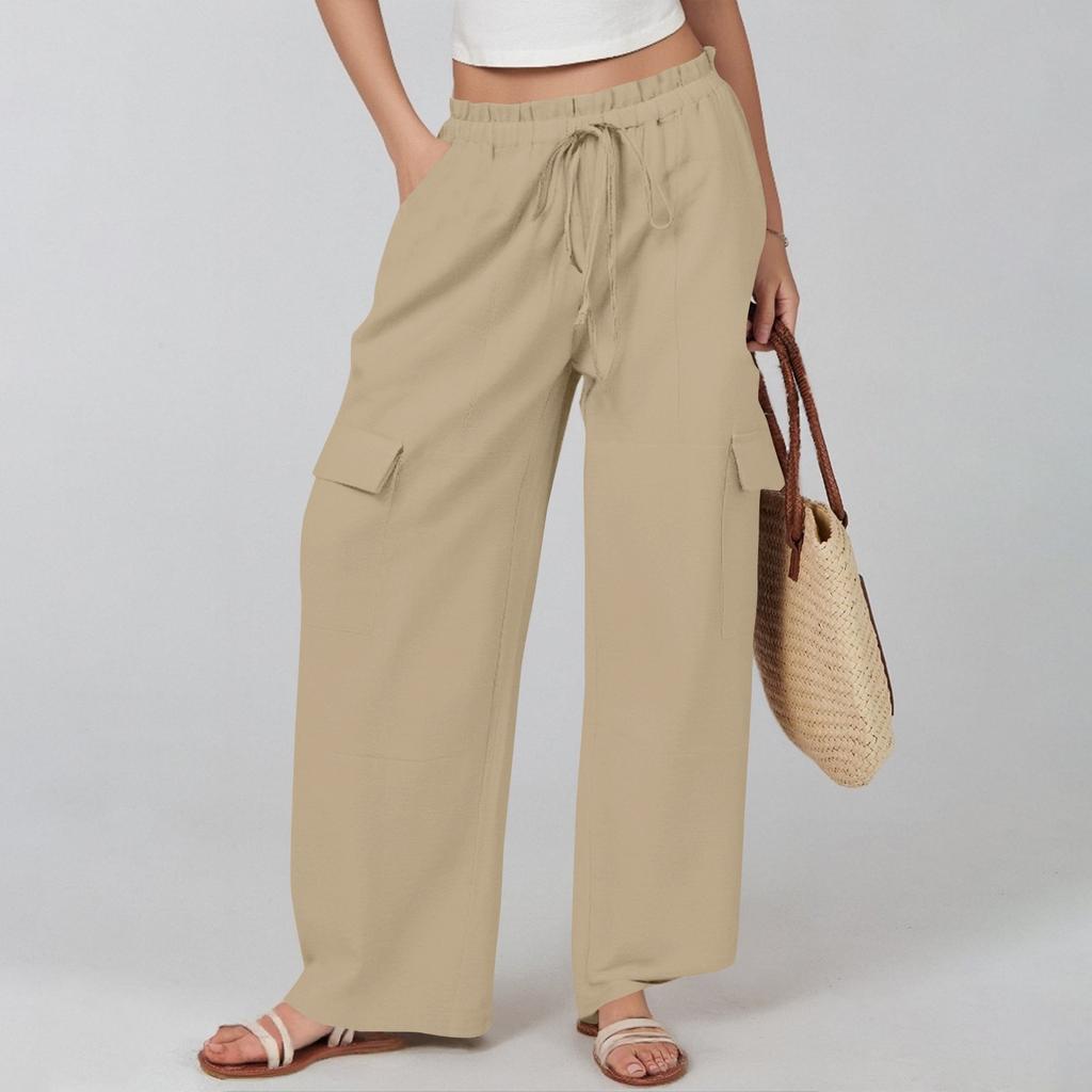 Women's Cotton And Linen Summer Stitching Casual Drawstring High Waist Pocket Workwear Trousers