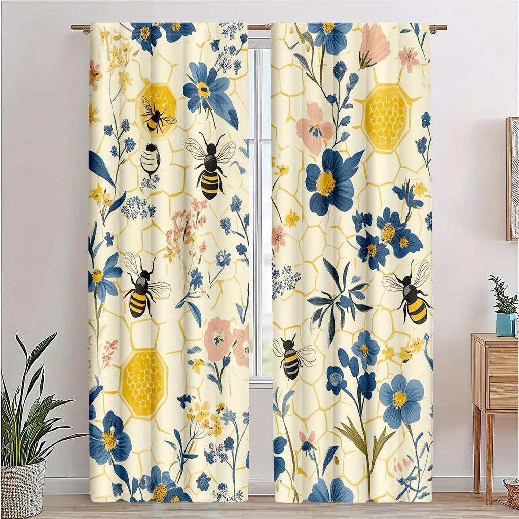 2pc Honeycomb bees and daisy print curtains, polyester fabric, machine washable, suitable for bedroom and living room decoration
