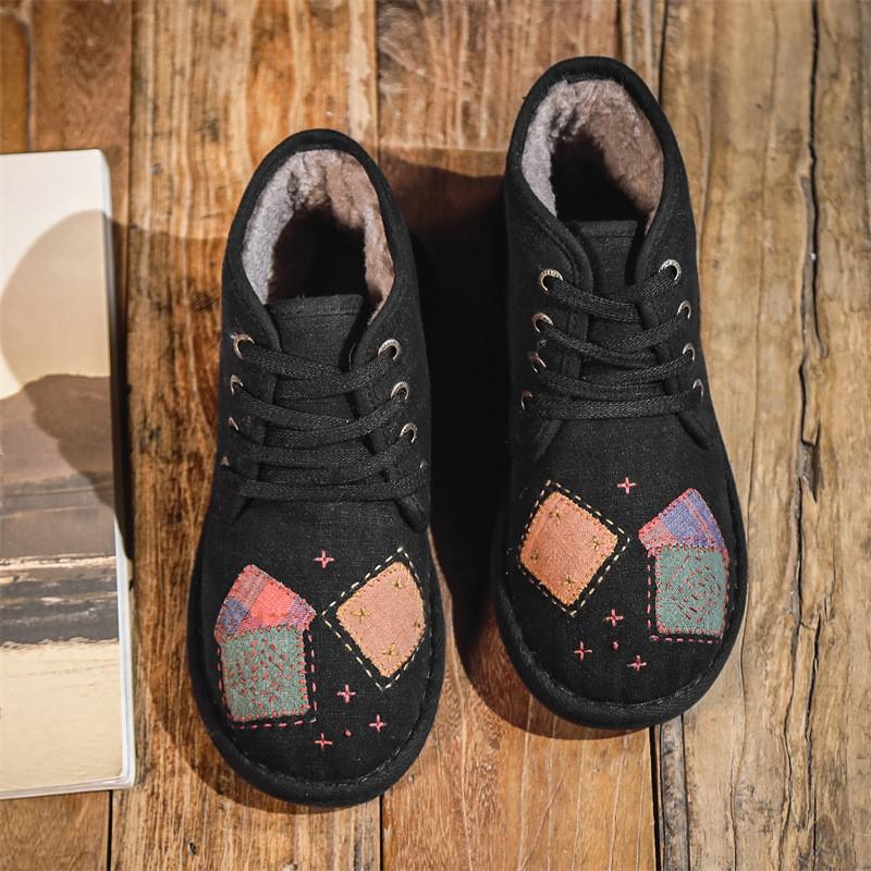 Johnature Plush Warm Cotton Shoes Handmade Embroidered Soft Sole Cloth Shoes Retro Women's Short Boots
