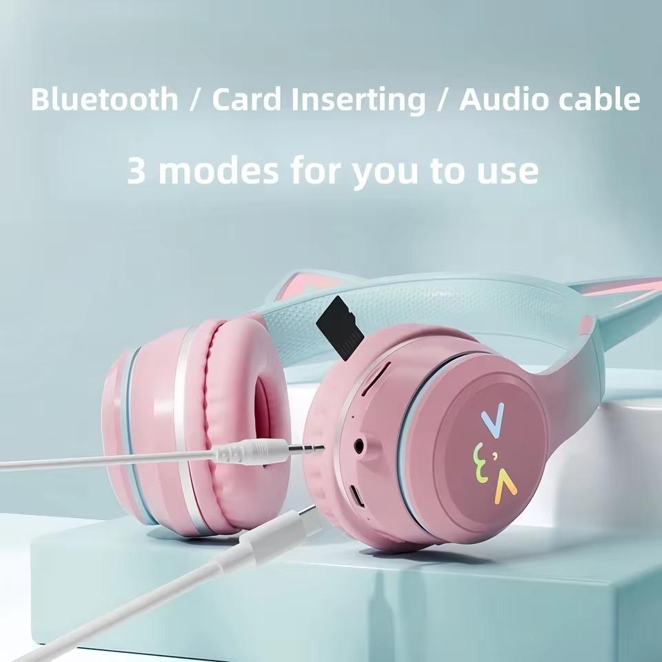 Casque sans fil Bluetooth 5.1 avec oreilles de chat mignonnes, lumières colorées RVB, casque de jeu musical, écouteurs stéréo, cadeaux pour filles et enfants