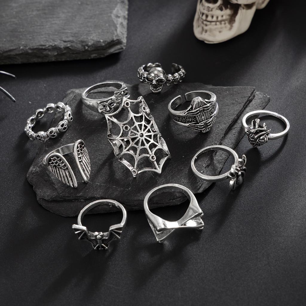 Punk Style Spider Web Ring Men's High-end Fashion Personality Skull Ring Set Dark Ring