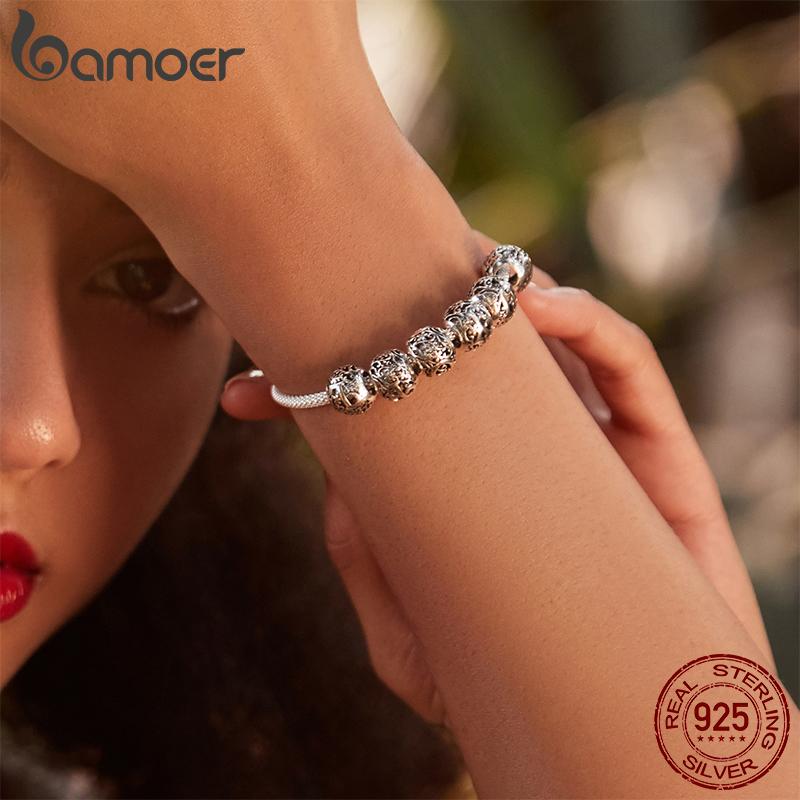 BAMOER 925 Silver Retro Letter Charms Hollowed Alphabet A-Z Round Beads for Women Bracelet DIY Jewelry Making