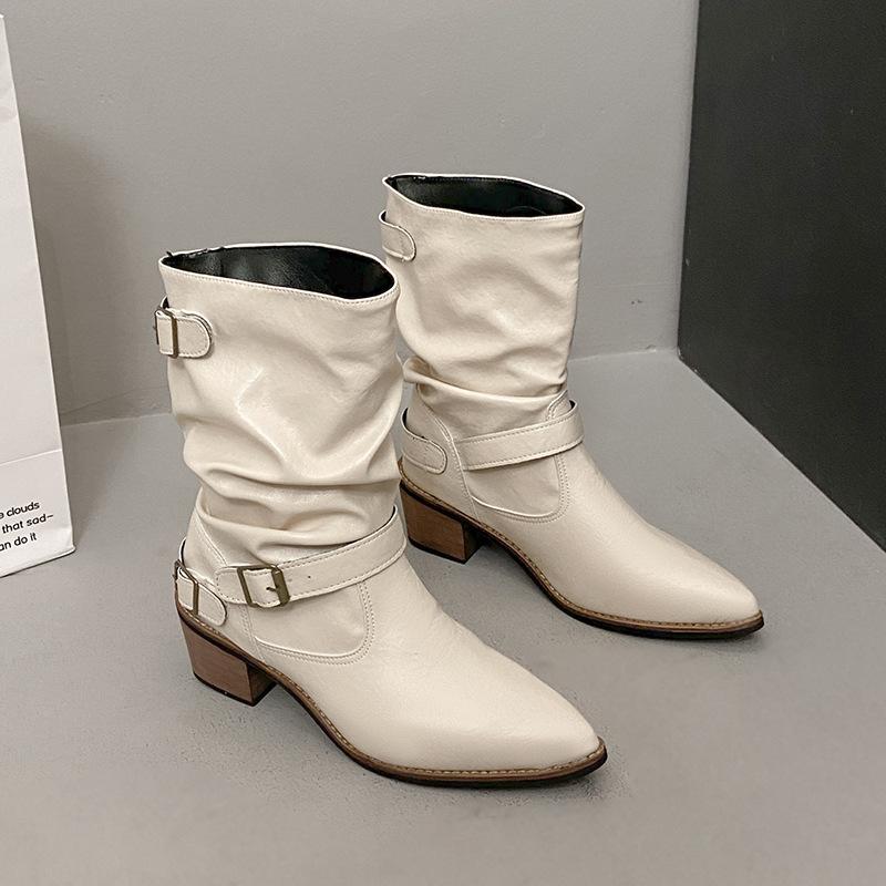 

Pointed thick heel white short boots women s 2025 new British style belt buckle Martin boots temperament medium tube stack boots 35