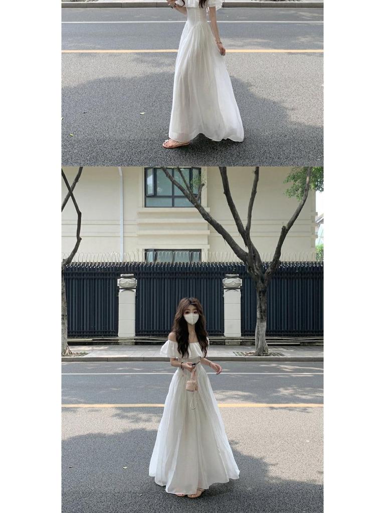 Women's White Off-Shoulder Ruffle Dress - Summer Vacation French Style, Slimming Waist, Backless, Long Design
