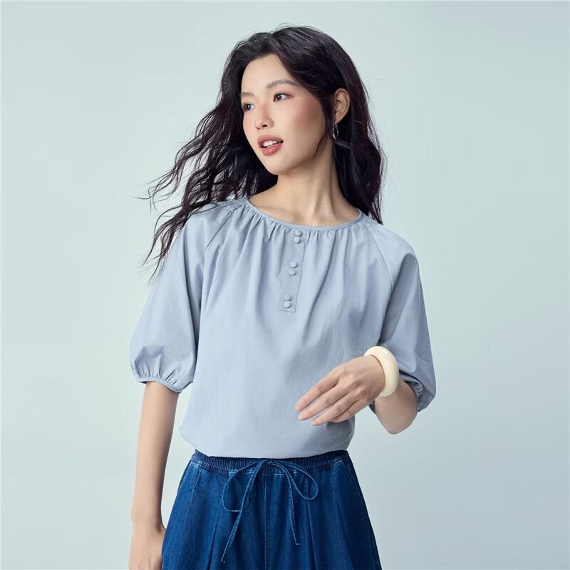 Giordano Women's Cotton-Linen Pleated Raglan Blouse