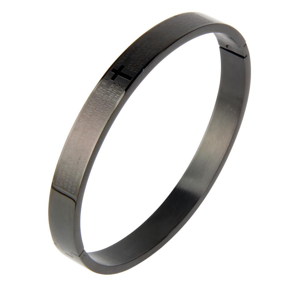 

New Luxury Cuff Cross Bracelet Bangle Stainless Steel Open Bracelet Carving Spanish Scripture for Men Women Jewelry M 180mm-190mm чорний