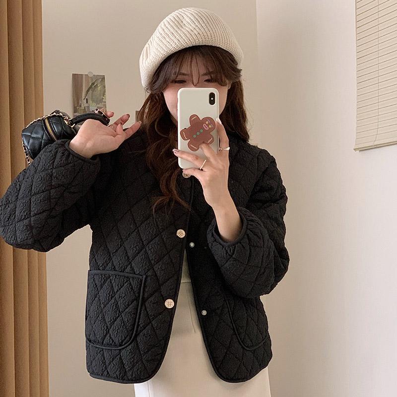 Women's Autumn Winter O Neck Long Sleeve Button Big Pocket Short Warm Parka Chic Jacket
