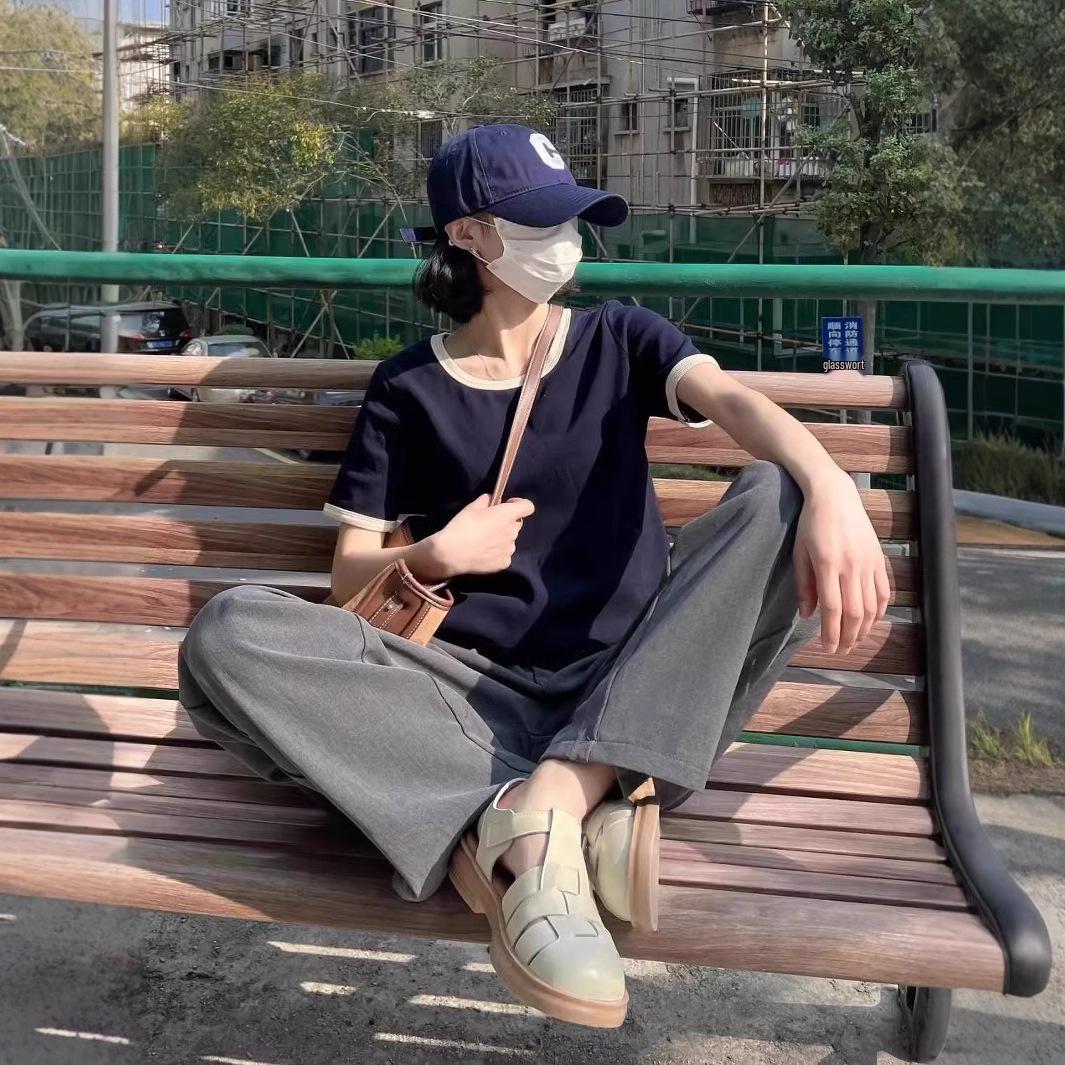 

Spicy Girl Color Block U-Neck Short Sleeve Women s Slim Fit T-Shirt Extra Large темно-синього кольору